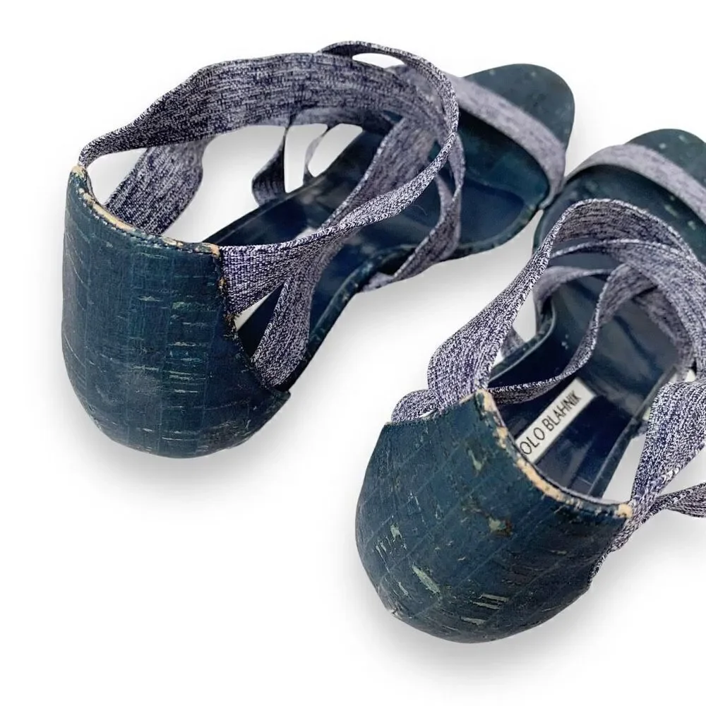 Manolo Blahnik Glassa Crisscross Wedge Sandal, Blue Denim Women’s Sz 41 -US 10.5